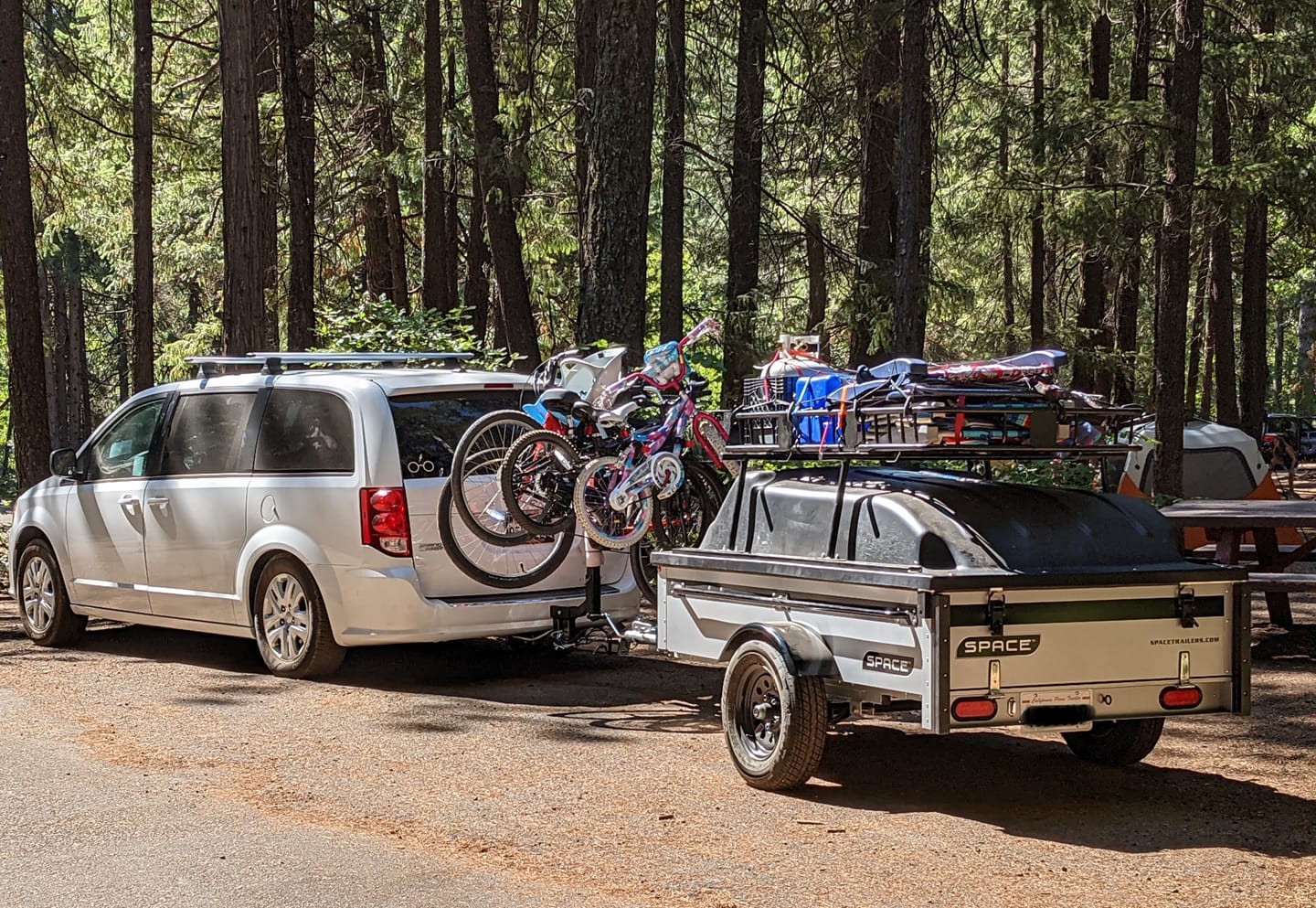 space trailer with camping gear and bike rack